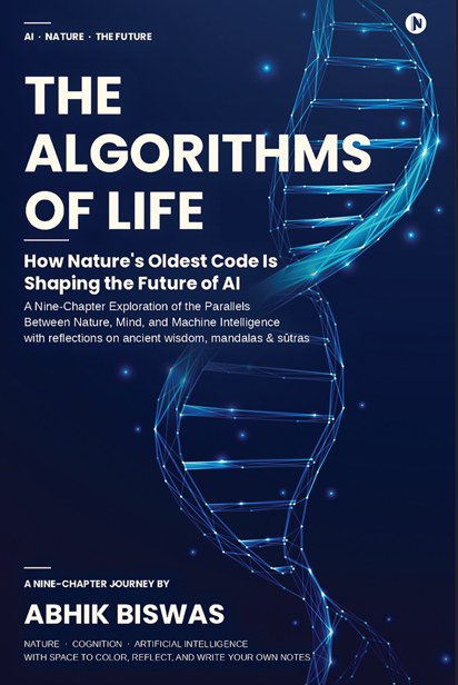 Cover of The Algorithms of Life by Abhik Biswas: a glowing DNA helix on a deep blue background